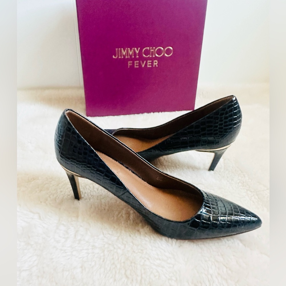 Navy Blue Croc Embossed Pumps Heels - Picture 11 of 15